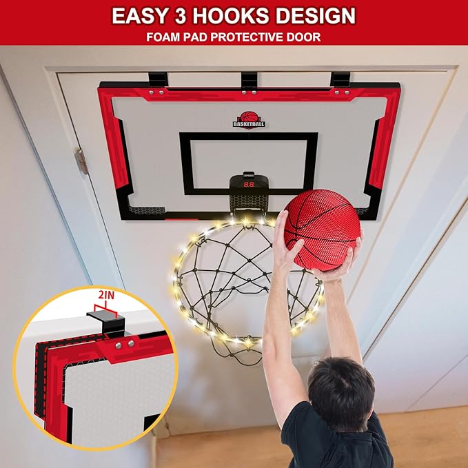 24" x 16" Large Basketball Hoop Indoor for Adults, Over The Door Basketball Hoop with Electronic Scoreboard/LED Rim, Big Basketball Toys Gifts Ideas for Man Kids Teens Boys Girls, Red