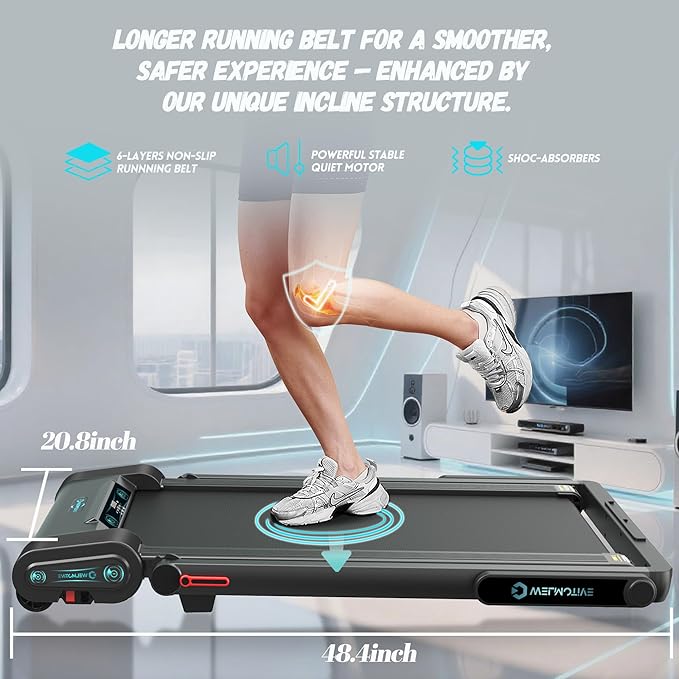 Treadmill with Auto Incline Walking Pad Underdesk for Home Office Potable Compact Running Machine Jogging Caminadora para Casa Up to 13% 6 Levels with Remote Control Indoor Fitness Black