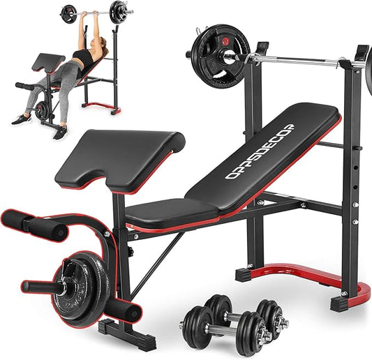 OPPSDECOR Adjustable Weight Bench Set with Leg Developer & Preacher Curl Pad, Full Body Workout Bench Press Set with Squat Rack for Home Gym Fitness, Standard Strength Training Bench