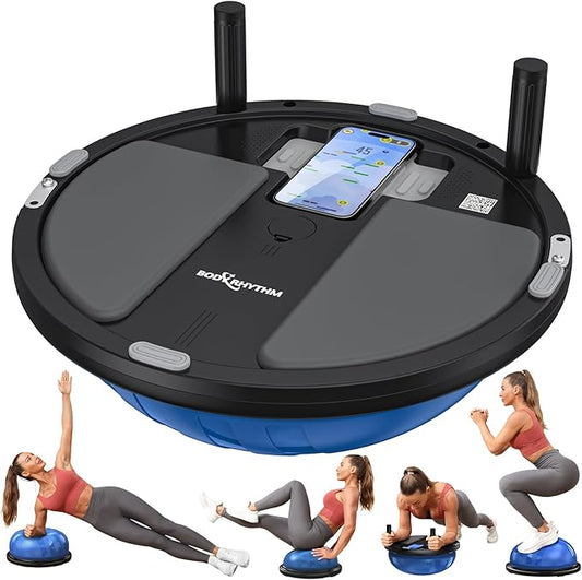 BODYRHYTHM 2 IN 1 Balance Ball & Plank Board Trainer with Free iOS/Android App & 4 Free Games for Full Body Workout - Half Exercise Yoga Ball Trainer with 2 Bands & Pump for Strength Training