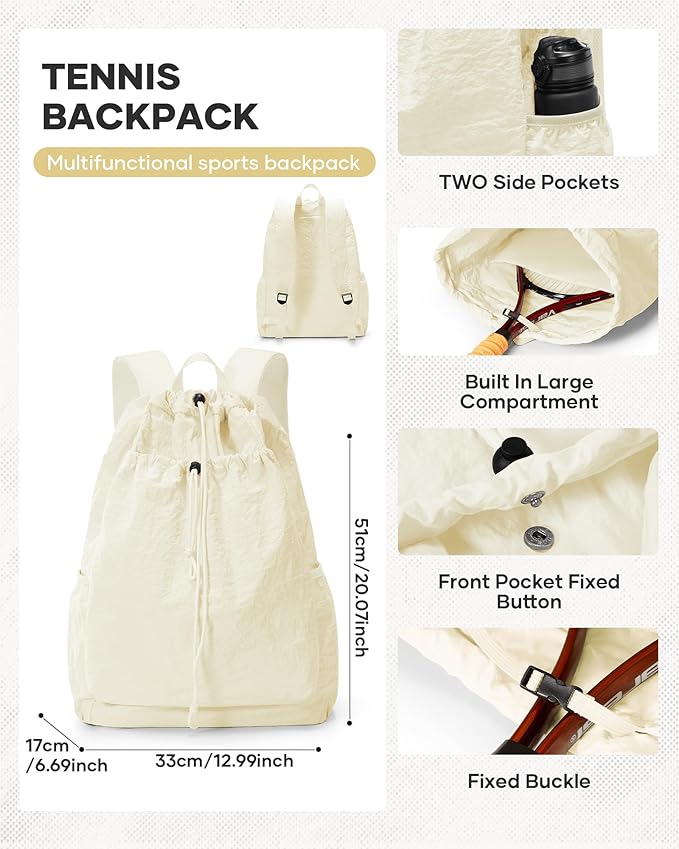 Tennis Racket Bag for Women, Waterproof Tennis Badminton Backpack 2 Racquets, Drawstring Racket Case for Ball Paddles