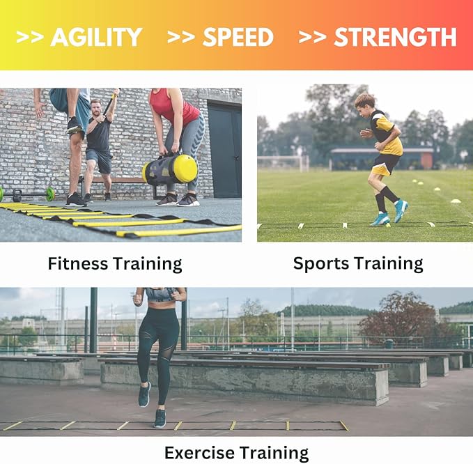 DELUXE EDITION Agility Ladder Training Set - 13 Rung 21ft Agility Ladder w/13 Disc Cones, Carry Bag - Improve Speed & Strength Soccer, Football, Basketball w/4 Steel Pegs for Outdoor Workout Charts