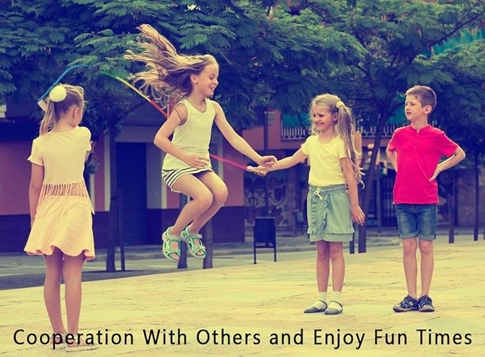 16 FT Long Jump Rope for Kids, 2 Pack Adjustable Double Dutch Skipping Rope with Wooden Handle, Multiplayer Rainbow Jumping Rope for Outdoor Fun, School Sport, Party Game