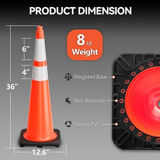 36 Inch Traffic Cones with Heavy Weighted Base (6 Pack) - Orange Safety Cones with Reflective Collars for Parking Lots, Road Construction, and Event Control