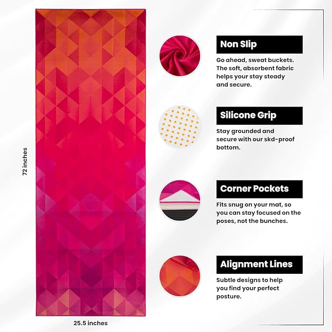 Yoga Drip Yoga Towel - Non Slip Hot Yoga Mat Towel With Corner Pockets, No-Skid Grip, and Built-in Alignment Lines | Soft, Moisture Wicking, and Sweat Absorbent | No Bunching, Stays in Place 72" x 25"