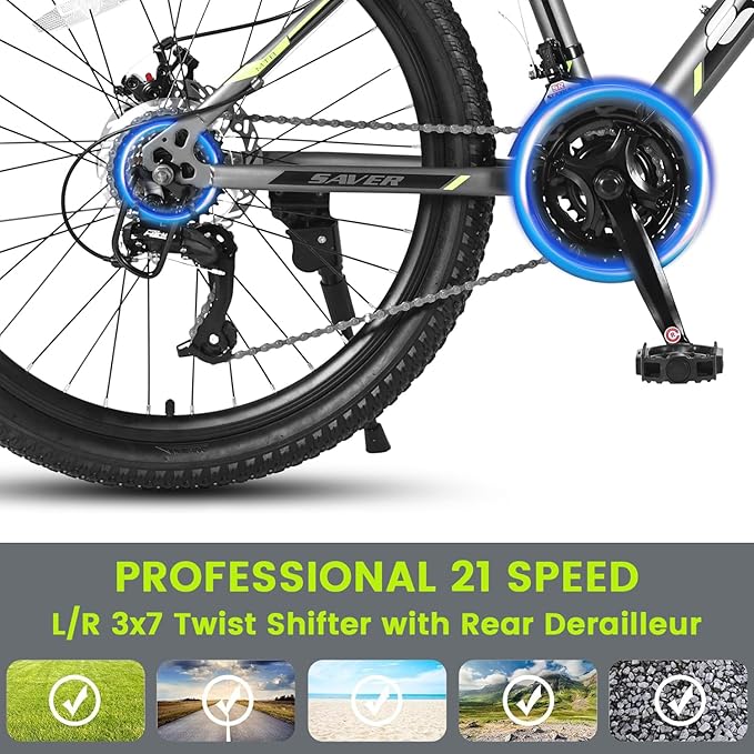 24/26 Inch Mountain Bike, 21 Speed Mountain Bicycle with High Carbon Steel Frame, Dual Disc Brakes and Front Suspension, MTB Bike for Adult Teenagers Boys Girls
