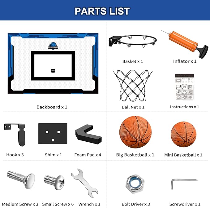 24" x 16" Large Basketball Hoop Indoor for Adults, Over The Door Basketball Hoop with Sturdy Backboard, Big Basketball Toys Gifts Ideas for Man Kids Teens Boys Girls, Blue