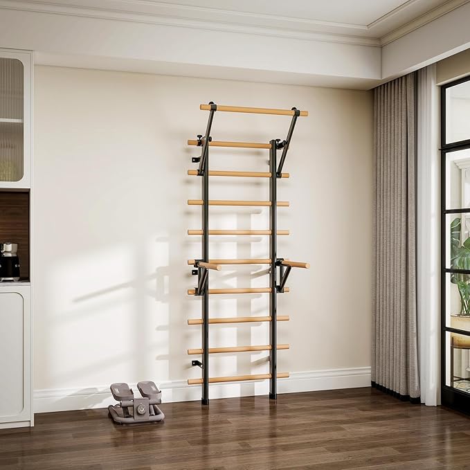 DHT Wood Stall Bar, Swedish Ladder Suspension Trainer with 9 Strategic Rods, for Home, Gym, School and Clinics, Black