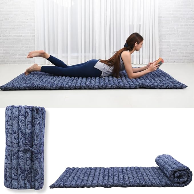 Leewadee - Foldable Floor Mattress - Japanese Roll Up Futon -Trifold Tatami Mat- Guest Floor Bed - Camping Mattress - Thai Massage Mat, Kapok Filled, 75 x 28 inches, Blue White