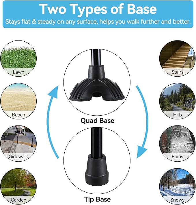 AGPTEK Folding Walking Cane for Women & Men, Adjustable Walking Stick with LED Light and Manual Alarm for Seniors & Adults, Heavy Duty Collapsible Cane with Quad & Tip Base