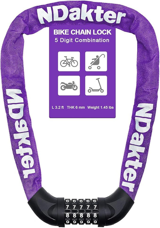 NDakter Bike Chain Lock, 5 Digit Combination Heavy Duty Anti Theft Bicycle Chain Lock,2.62/3.2/4.27/5/6Ft Long Security Resettable Bike Locks for Bike, Bicycle, Scooter, Door, Gate, Fence-4/6mm Thick