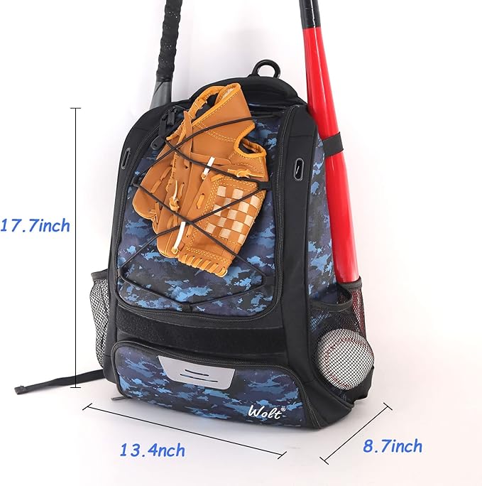 WOLT Youth Baseball Bag - Bat Backpack for Baseball, T-Ball & Softball Equipment & Gear, Bat & Glove Holder, Large Main Compartment for Helmet & accessories, Separate Shoes Compartment, Fence Hook