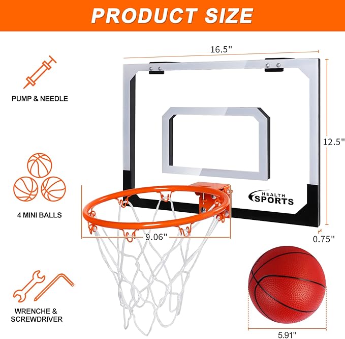 Mini Basketball Hoop Indoor with Scorer and Batteries, Indoor Basketball Hoop Over The Door with Colorful LED Lighting, Toy Basketball Set for Boys Girls Age 3 4 5 6 7 8
