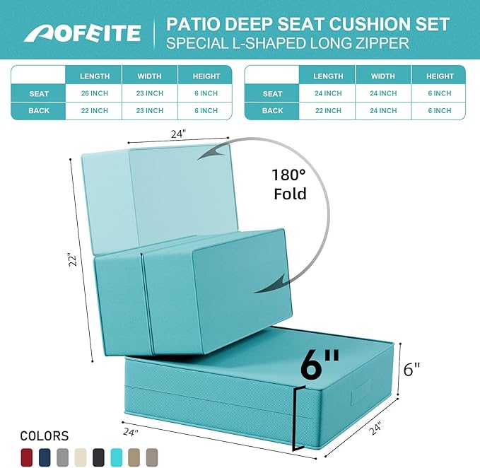 6 Inch Thick Foldable Deep Seat Cushion, 2 PCS 24 x 24 Inch Outdoor Water & Fade Resistant Olefin Patio Furniture Replacement Chair Cushion, with Removable Cover, Handle and Straps, Turquoise