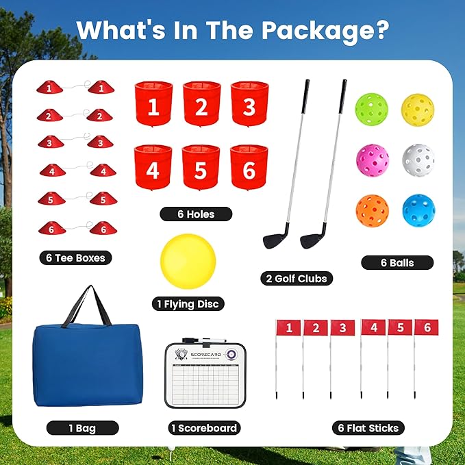 Golf Bucket Yard Game 6-Hole Set with 2 Clubs, Portable Outdoor Yard Game for Family and Adults, Golf Chipping Practice for Lawn, Beach, Camping, Park