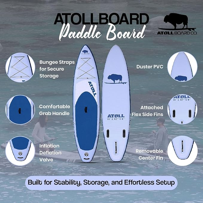 Atoll Inflatable Stand Up Paddle Board ISUP, Bravo Hand Pump and 3 Piece Paddle, Travel Backpack and Accessories New Leash Included Two Sizes - 11ft and 9ft