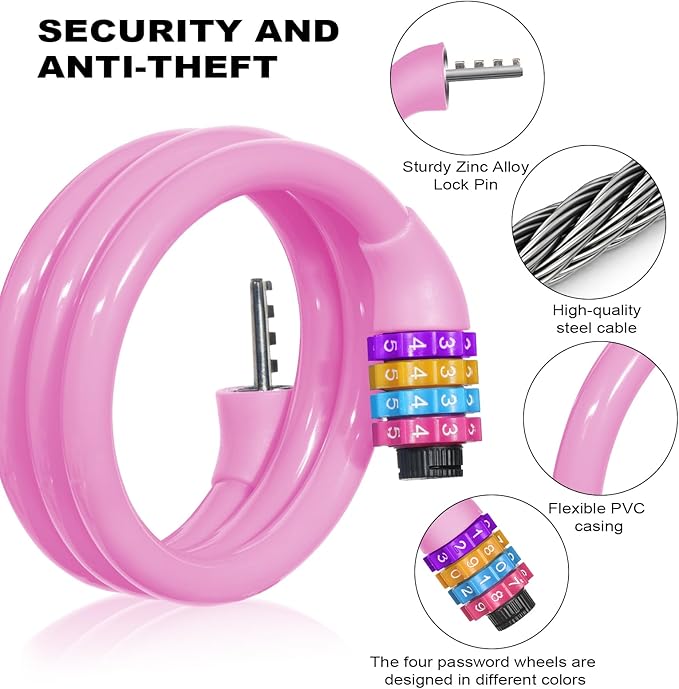 Bike Lock, 25 inch Bike Lock Cable, Portable Anti Theft 4 Digits Codes Cable Locks, Resettable Combinations Coiling Bicycle Lock for Bike, Motorbike, Scooter, Skateboard, Gate, Fence (Pink