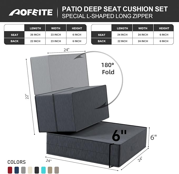 6 Inch Thick Foldable Deep Seat Cushion, 2 PCS 24 x 24 Inch Outdoor Water & Fade Resistant Olefin Patio Furniture Replacement Chair Cushion, with Removable Cover, Handle and Straps, Dark Gray