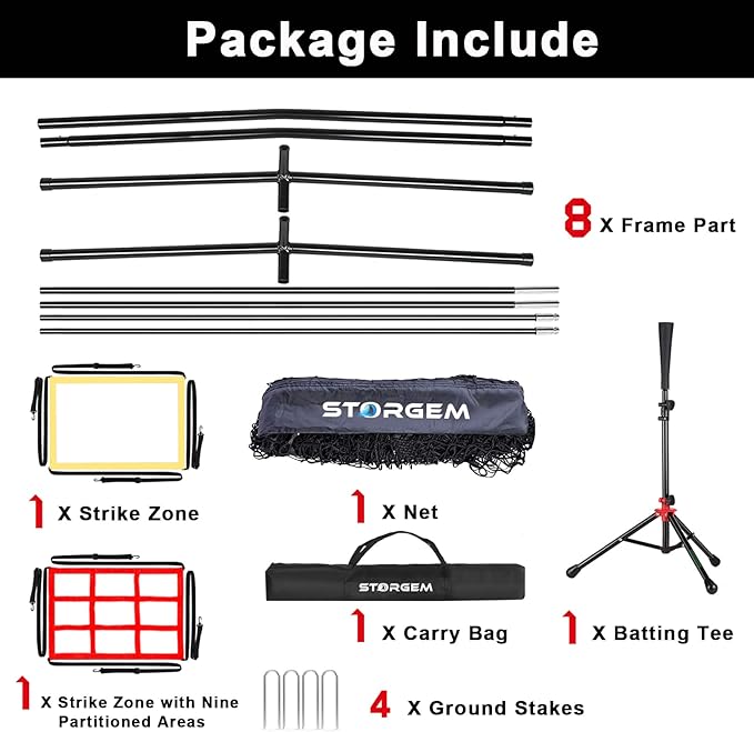 Storgem Baseball and Softball Practice Net 7×7ft Portable Hitting Pitching Batting Training Net Baseball Backstop Net with Batting Tee and Strike Zone and Bow Frame