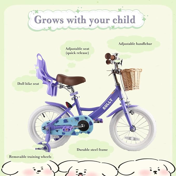 RULLY Fruit Kids Bike 12 14 16 Inch Bicycle for Girls Ages 2-7 Years, Training Wheels Included, Girl Bikes with Basket & Doll Seat