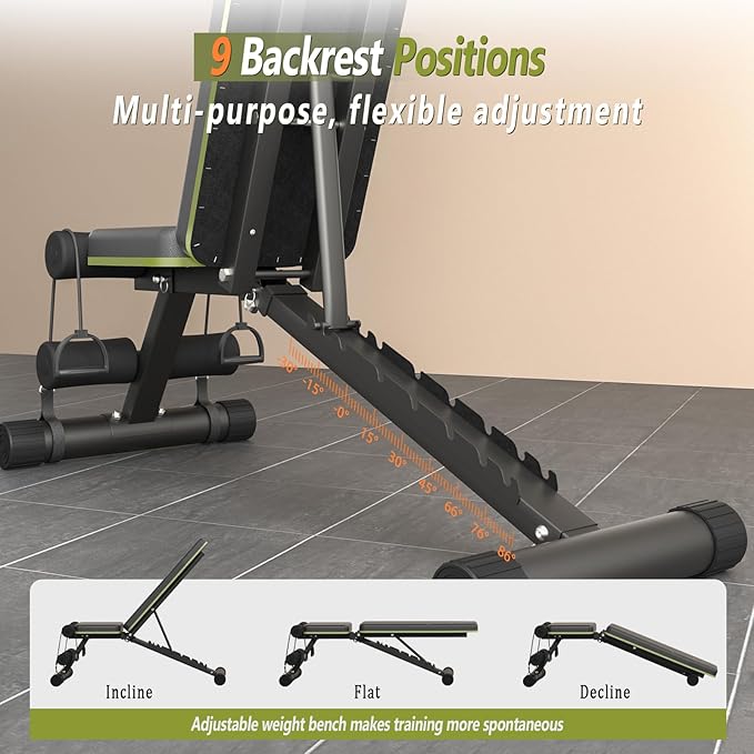 Adjustable Weight Bench for Home Gym, Foldable 700LBS Workout Bench with 9 Backrests, Multi-Purpose Bench Press for Incline Decline Flat with Fast Adjustment (2 resistance bands)