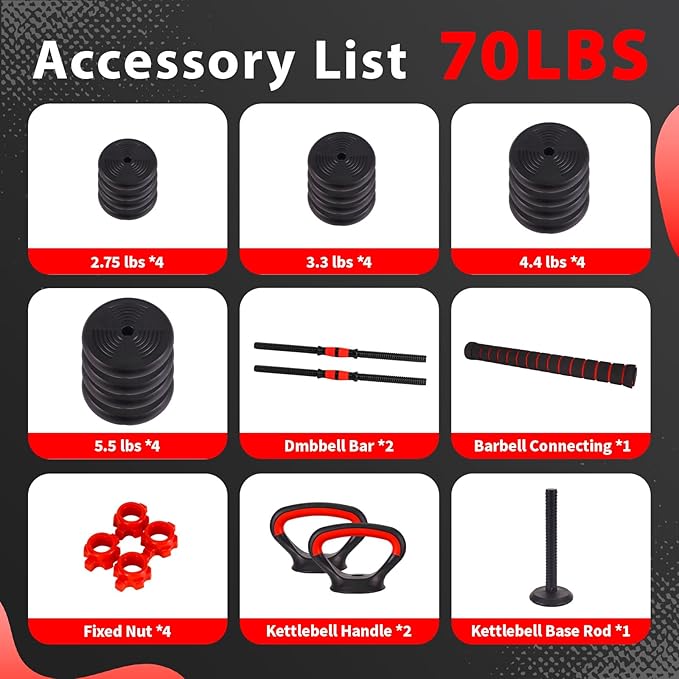 Adjustable Dumbbells Set - 20lbs/30lbs/70lbs/90lbs Multi-Functional Fitness Set, Kettlebell & Barbell Patterns, Beginner Dumbbell Fitness