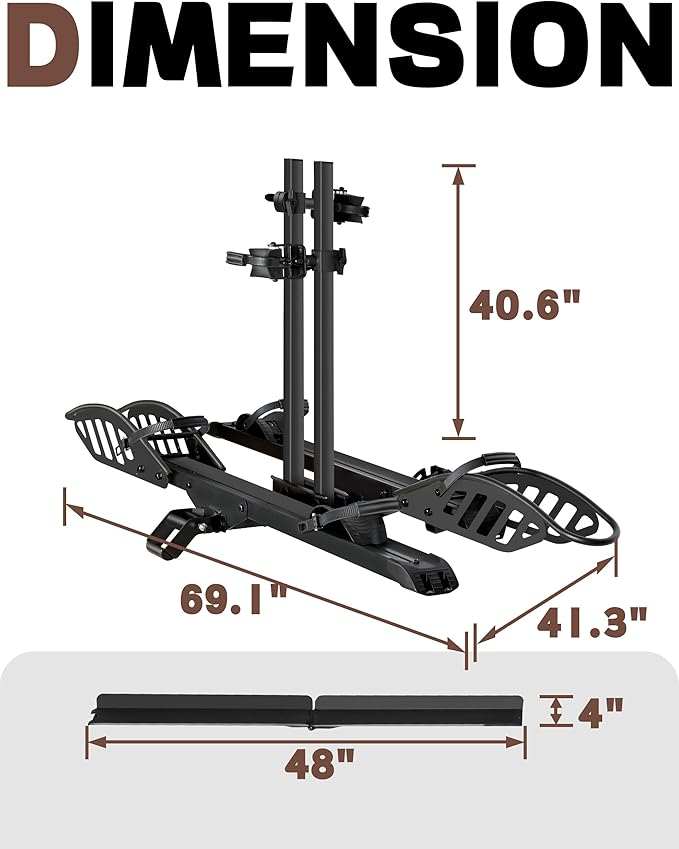 E-Bike Rack with Ramp, Hitch 2 Bike Rack, 200 lbs Capacity Electric Bike Carrier, Foldable Platform Mount for Cars, Trucks, SUVs, Minivans, Up to 5-Inch Fat Tire for 2'' Receiver