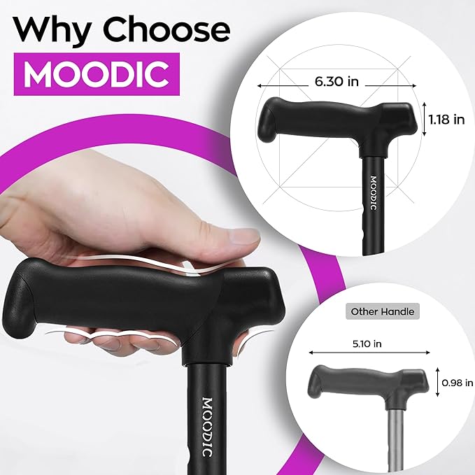 Walking Cane for Men and Women, Extended Handle; Solid Base; Foldable; Adjustable Heights; Lightweight; Heavy-Duty Canes for Seniors (Black)