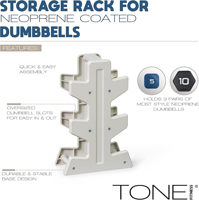 Tone Fitness Neoprene Dumbbell Set with Storage Rack – Non-Slip, Anti-Roll Hand Weights for Home Gym Workouts | 20 lb, 32 lb, & 50 lb Options