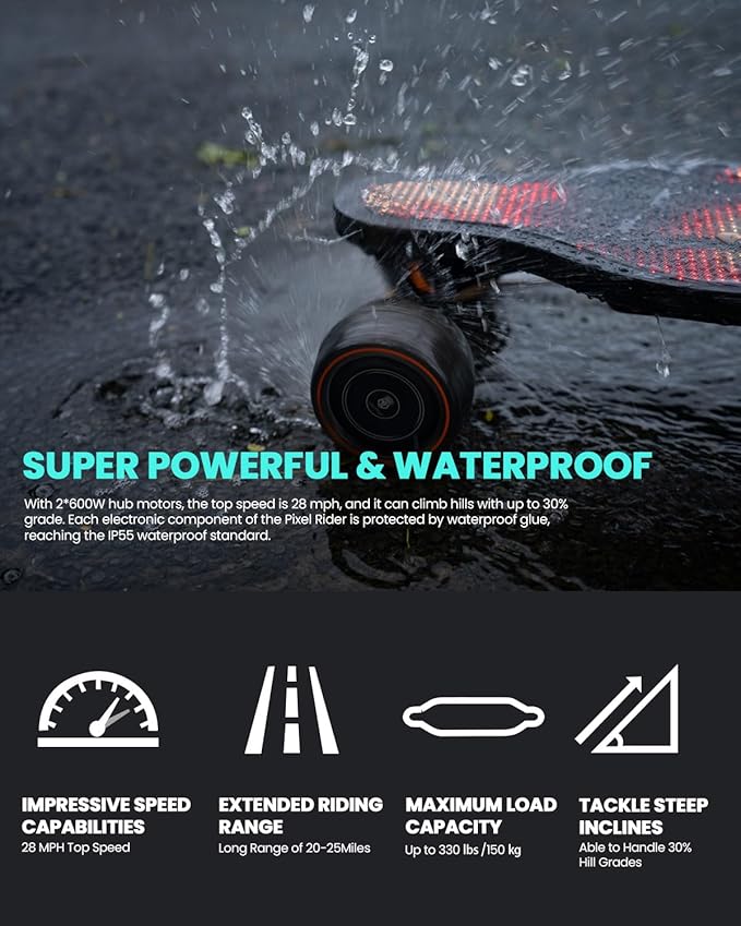 S3/Pixel Rider Electric Skateboards with Remote and Swappable Battery/Top Speed 28 Mph/2 * 600W Motors/12Miles/25Miles Max Range Electric Longboards for Adult&Beginner