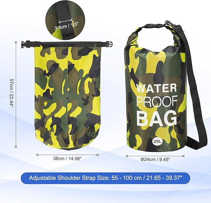 Waterproof Dry Bag, 20L Fit for Women Men Water Proof Bags Lightweight Dry Storage Floating Backpack with Whistle for Travel Boating Kayaking (Yellow Camouflage)
