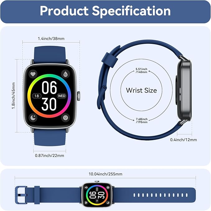 Smart Watch for Women/Men Android & iPhone, 1.85" Touch Screen Fitness Tracker with Answer/Make Call, IP68 Waterproof 24/7 Health/Sleep Monitor, Pedometer, 100+ Sport Modes (2 Bands), Dark Blue