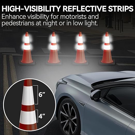 28 Inch Traffic Cones with Heavy Weighted Base (8 Pack) - Orange Safety Cones with Reflective Collars for Parking Lots, Road Construction, and Event Control