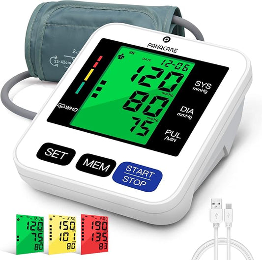 Blood Pressure Monitor Upper Arm Blood Pressure Machine for Home Use BP Cuff Kit, Large 3-Color 3.4'' Display with Backlight,Pulse Rate Detection Meter with Cuff 22-42cm/2×99 Sets Memory (Black)