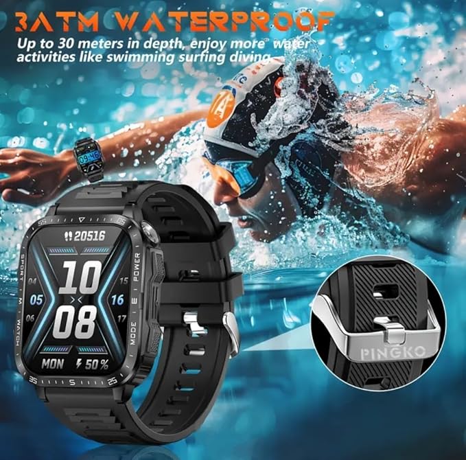 KT79 Military Smart Watch for Men with LED Flashlight Watch 2.0'' Big Screen Tactical Smartwatch Fitness Tracker with Heart Rate Sleep Monitor Make Calls for iPhone Android (Black)