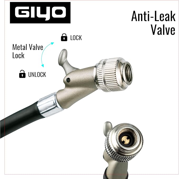 GIYO High Pressure Shock Pump (350 PSI) – Strong Lever Lock for No Air Loss, Aluminum Barrel, 1.5" Dial Gauge, Micro-Adjust Bleeder, 360° Rotating Hose, Taiwan-Made