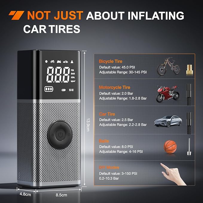 Nilight Tire Inflator Portable Air Compressor Rechargeable 12VDC 150PSI Cordless Battery Cigarette Powered 2X Faster Inflation Pump w/Digital Pressure Gauge for Car Motorcycle Bike