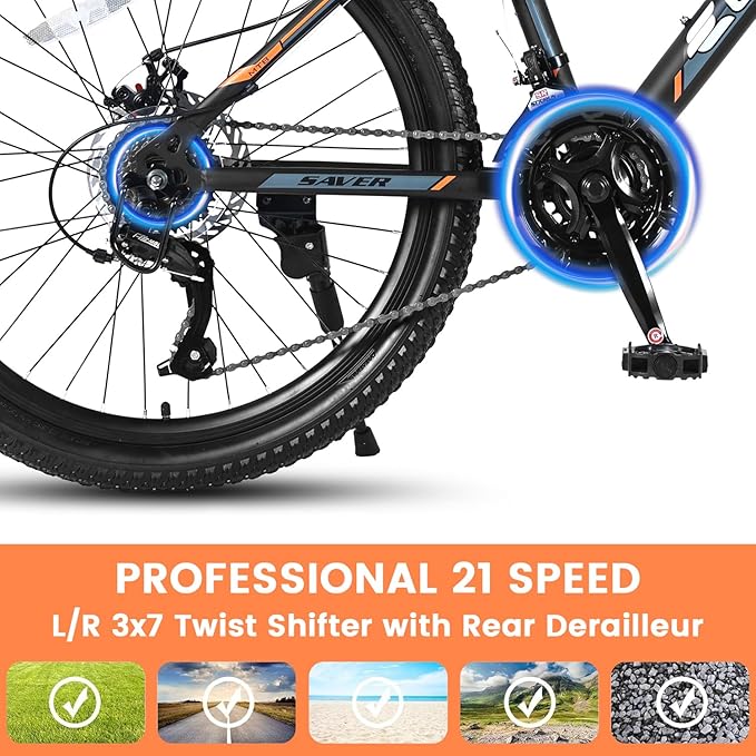 24/26 Inch Mountain Bike, 21 Speed Mountain Bicycle with High Carbon Steel Frame, Dual Disc Brakes and Front Suspension, MTB Bike for Adult Teenagers Boys Girls