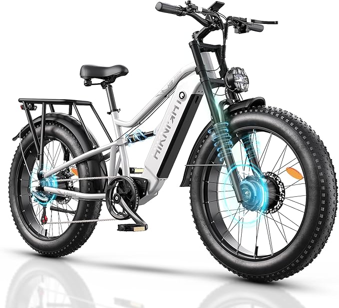 Dual Motor Electric Bike Peak 3000W, 52V 20AH Battery E Bike for Adults 26 Inch Fat Tire Mountain Electric Bicycle 38 MPH, Full Suspension Dual Hydraulic Disc Brake, Up to 90 Miles Range