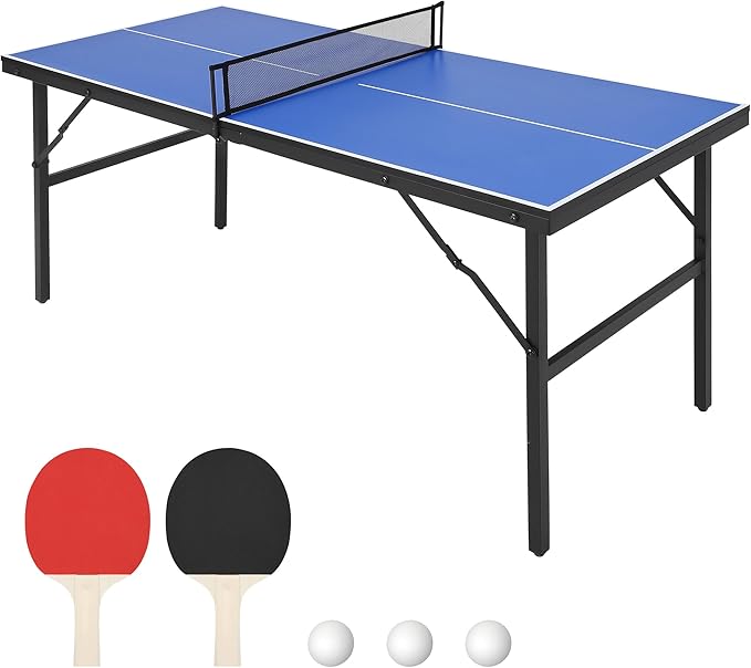 Table Tennis Game Set, Portable Table Tennis Game with Demountable Nylon Net, 2 Paddles and 3 Balls, Ping Pong Table for Indoor Outdoor, Waterproof Tabletop, Blue, 60 x 26 x 27.5inch