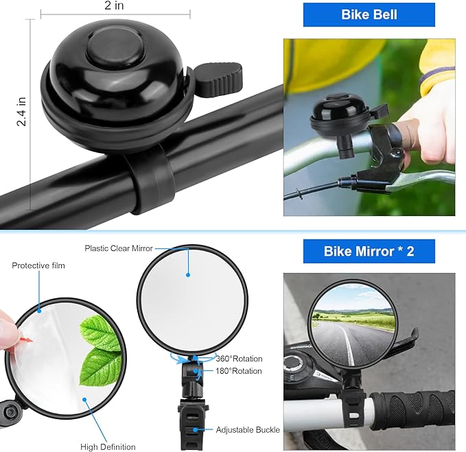8 Pack Bicycle Accessories, Bike Light Set USB Rechargeable, 1 Bike Water Bottle Holder, Bicycle Bag and 1 Bike Aluminum Bicycle Bell,Pump