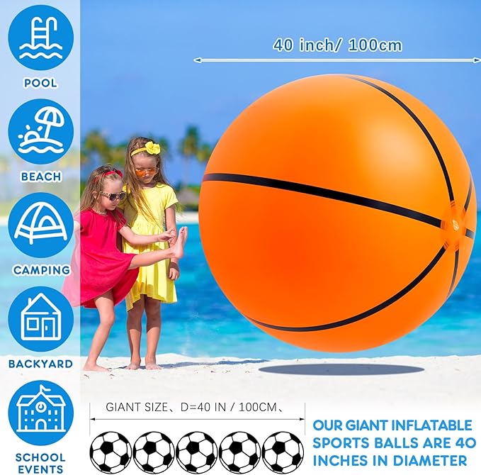 Lewtemi Giant Inflatable Sports Balls Large Inflatable Beach Ball Baseballs Soccer Rainbow Basketball Football for Sport Birthday Party Favor(3 Pcs,Soccer, Baseball, Basketball,40 Inch)