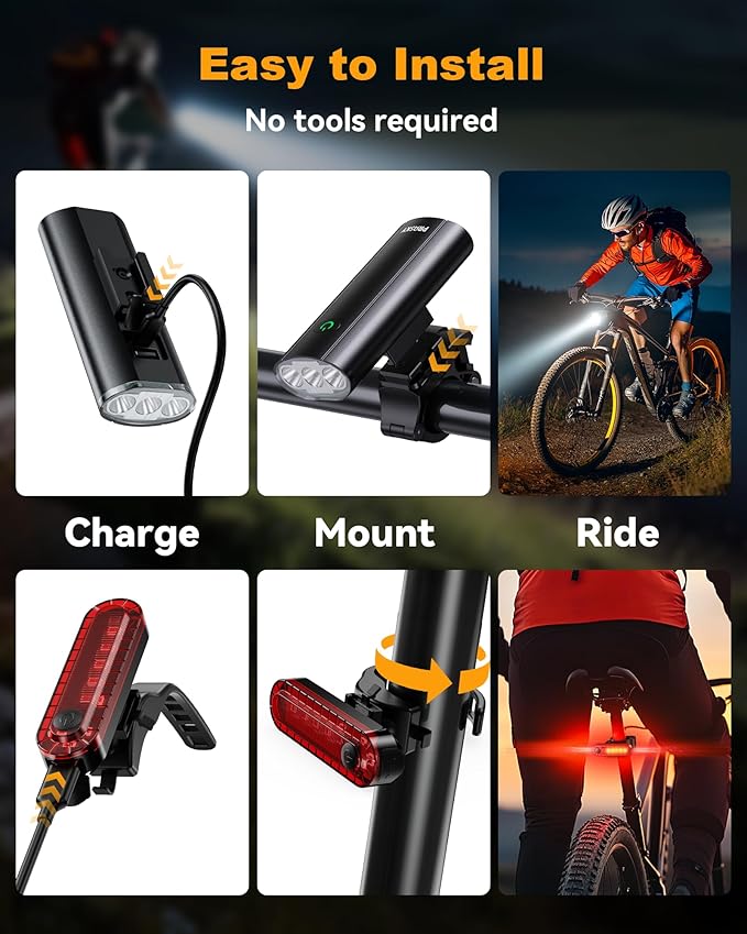 Super Bright Bike Lights for Night Riding, USB Rechargeable Mountain Bicycle Headlight, Waterproof, 6+4 Light Modes Bike Light Set for Cyclists and Commuters