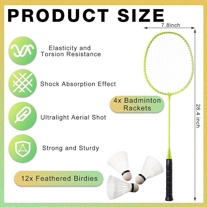 Woanger 8 Packs Badminton Rackets Set with 12 Badminton Racquets for Adult Backyard Gym Beach Outdoor Games
