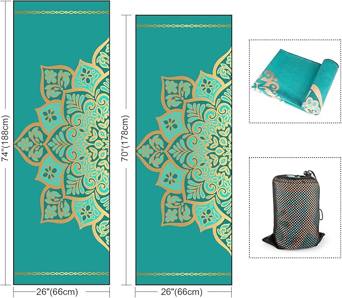 Colorful Star Large Yoga Mat Towel with Corner Pockets, Non Slip Grip Dots Absorbent Hot Yoga Towels, Yoga Blankets with Travel Bag, Mat Cover for Workout, Gym, Fitness - 74"x26", Turquoise Mandala