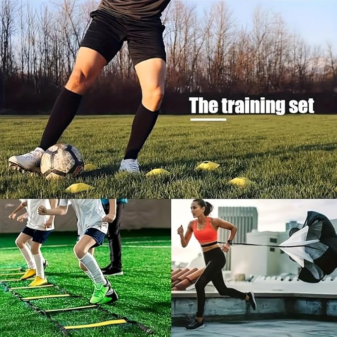 Agility Ladder Speed Training Equipment Set 20ft Agility Ladder, 4 Steel Stakes, 12 Soccer Cones, Running Parachute and Carry Bag, Speed Training Equipment for Soccer Football Basketball