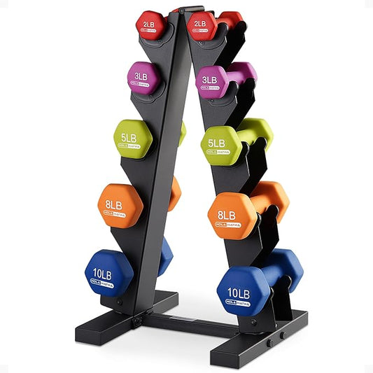 HolaHatha 2, 3, 5, 8, and 10 Pound Neoprene Dumbbell Free Hand Weight Set with Rack, Ideal for Home Exercises to Gain Tone and Definition, Pastel