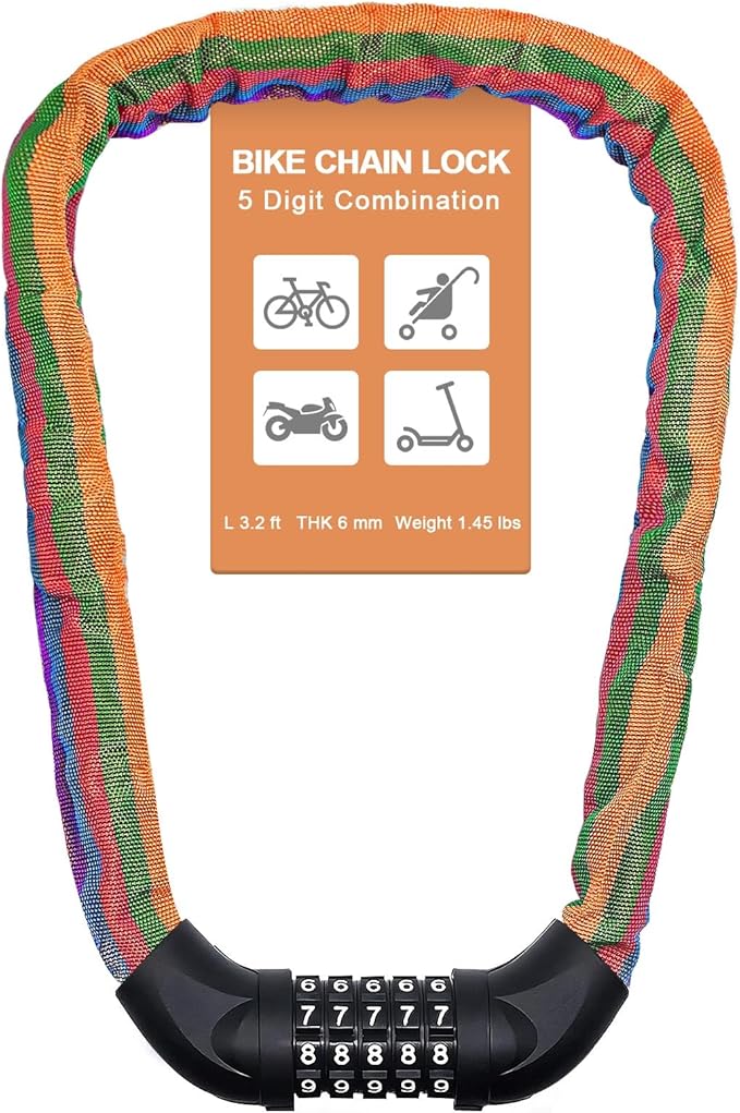 NDakter Bike Chain Lock, 5 Digit Combination Heavy Duty Anti Theft Bicycle Chain Lock,2.62/3.2/4.27/5/6Ft Long Security Resettable Bike Locks for Bike, Bicycle, Scooter, Door, Gate, Fence-4/6mm Thick