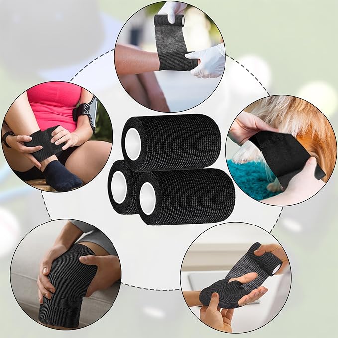 Treela 64 Pack 3" x 5 Yards Self Adhesive Cohesive Bandage Wraps, Elastic Breathable Athletic Tape, Flexible Self Adherent Bandage Rolls for Wrist, Ankle, Fingers, Sports & Pets (Black)
