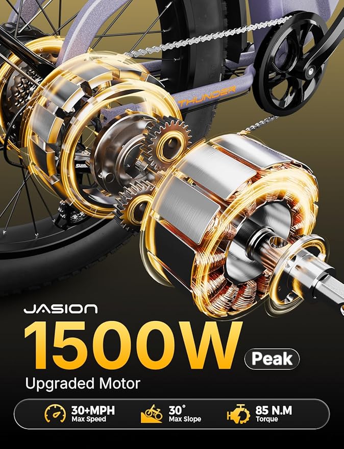 Jasion Thunder Electric Bike, 30+MPH 1500W Peak Motor E Bikes, 80Miles Range with 864Wh Battery, Hydraulic Disc Brakes, Front Suspension, 26'' x 4'' Fat Tire Adults Electric Bicycles, APP Control